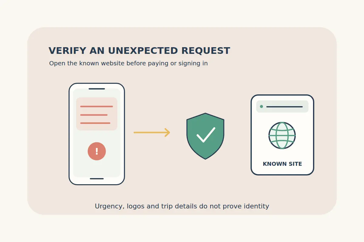 A phone with an urgent-message alert leads past a verification shield to a known website, without displaying real payment details or a scannable QR code.