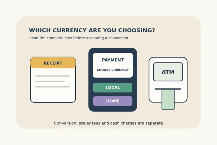 A card terminal offers local and home currency beside a receipt and ATM, with no exchange-rate promises or real transaction amounts.