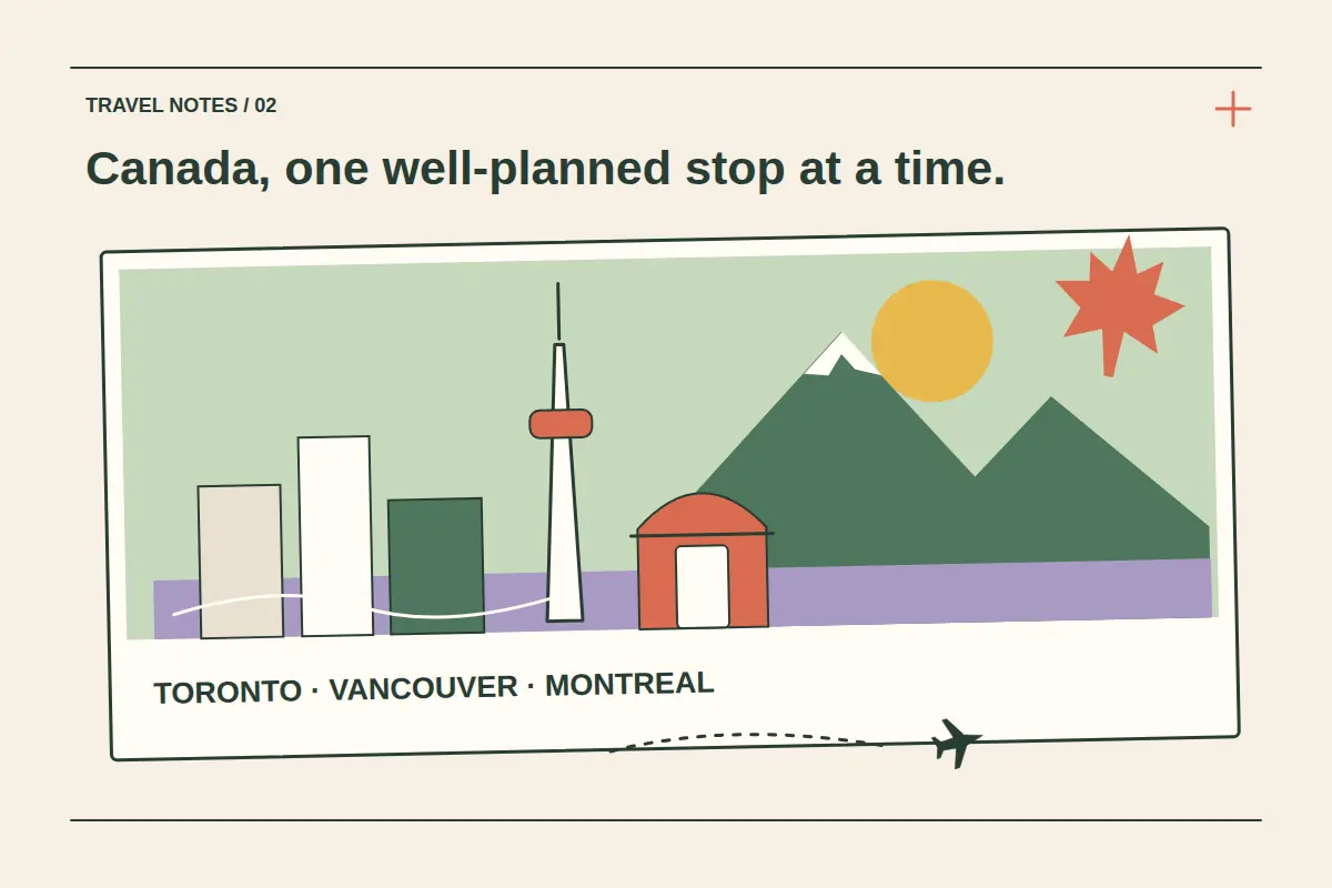 A bordered Canada postcard combines a stylized Toronto tower, city buildings, mountain peaks, water and a coral maple leaf, with a small flight route underneath.