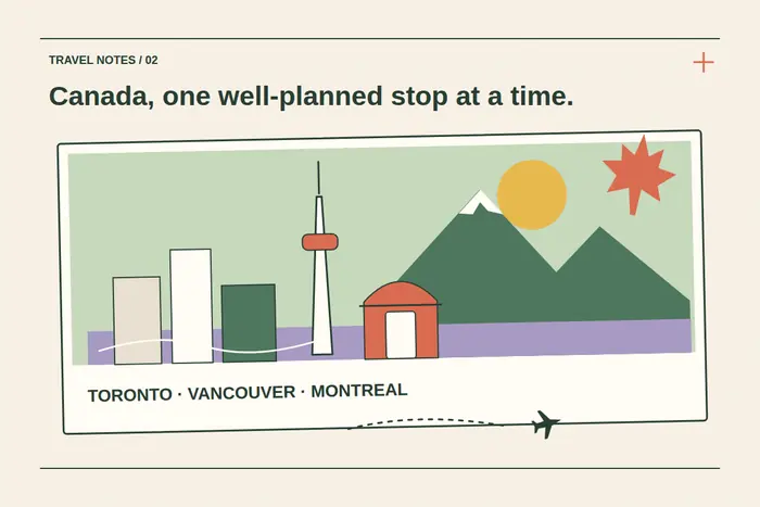 A bordered Canada postcard combines a stylized Toronto tower, city buildings, mountain peaks, water and a coral maple leaf, with a small flight route underneath.