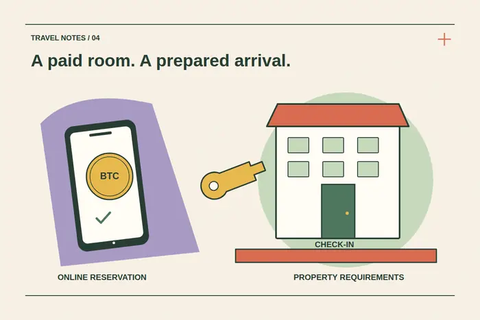 A Bitcoin payment phone is separated from an illustrated hotel, key and check-in counter, showing online reservation payment and property arrival requirements.