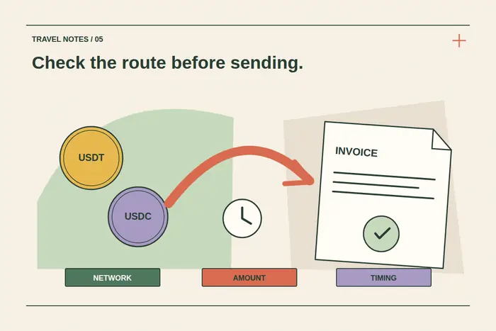 Stablecoin tokens travel toward an invoice along a coral arrow, with a clock and separate network, amount and timing labels below.