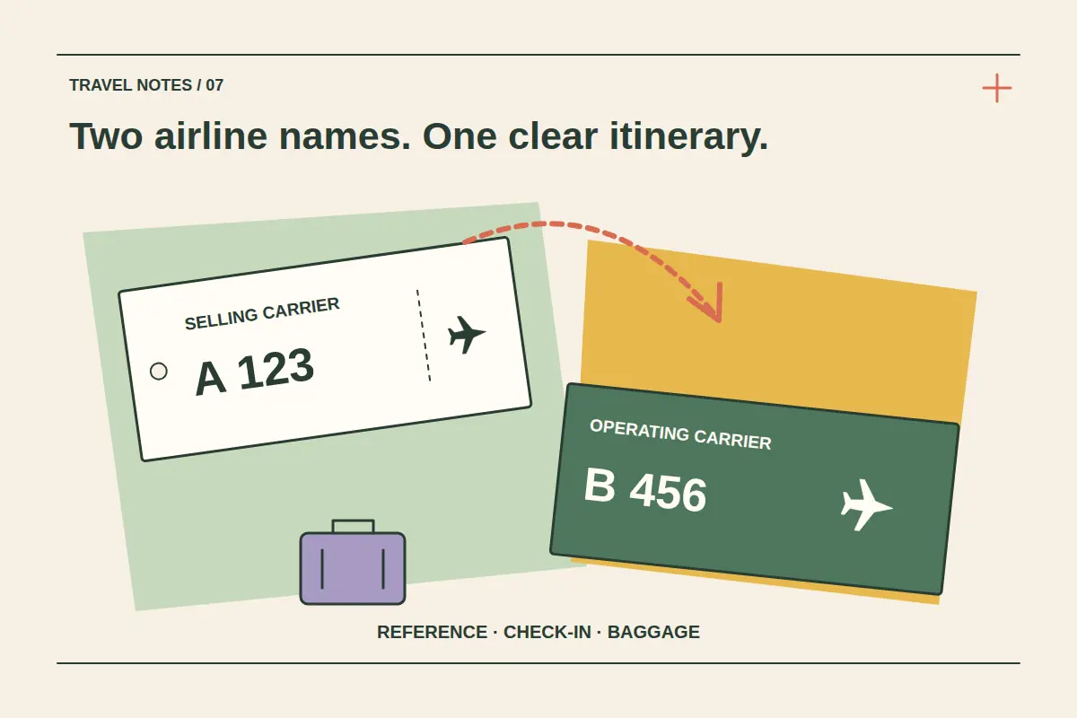 Two overlapping airline tags labeled selling carrier and operating carrier connect through a dotted route, with a suitcase below for baggage checks.