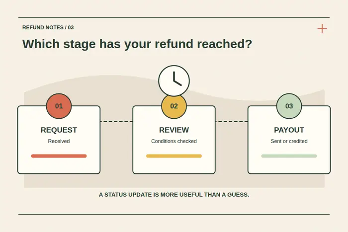 Three numbered cards separate request received, conditions reviewed and payout sent or credited, with a clock above the timeline.