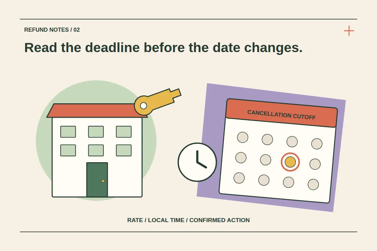 A hotel, brass key, calendar with one outlined date and separate clock illustrate the rate and local-time checks before cancellation.