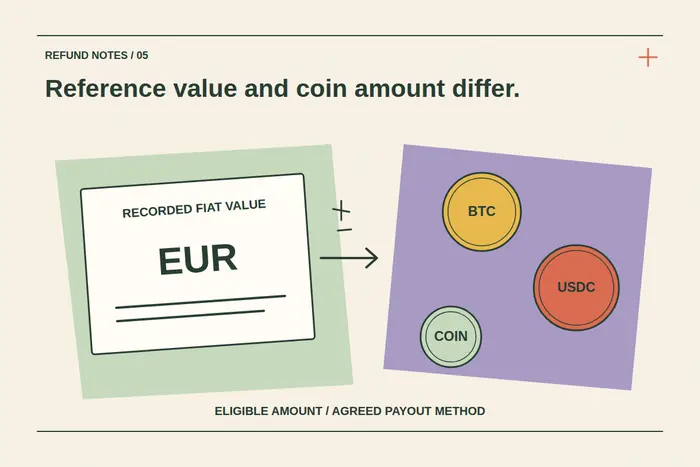 A recorded fiat-value card and separate cryptocurrency tokens show why an agreed refund value does not imply the original number of coins.