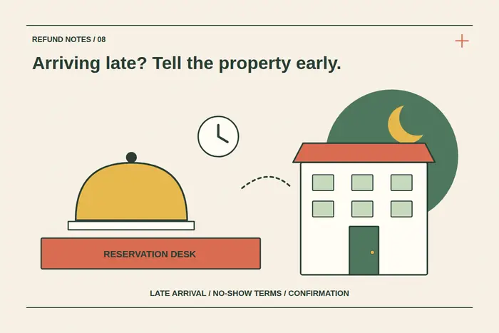 A brass reservation-desk bell, clock and hotel under a crescent moon illustrate the need to confirm a late arrival and read no-show conditions.