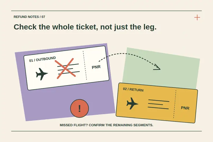 Two sequential outbound and return tickets are connected by a dashed route; an outbound cross and alert mark prompt a check of the remaining itinerary.