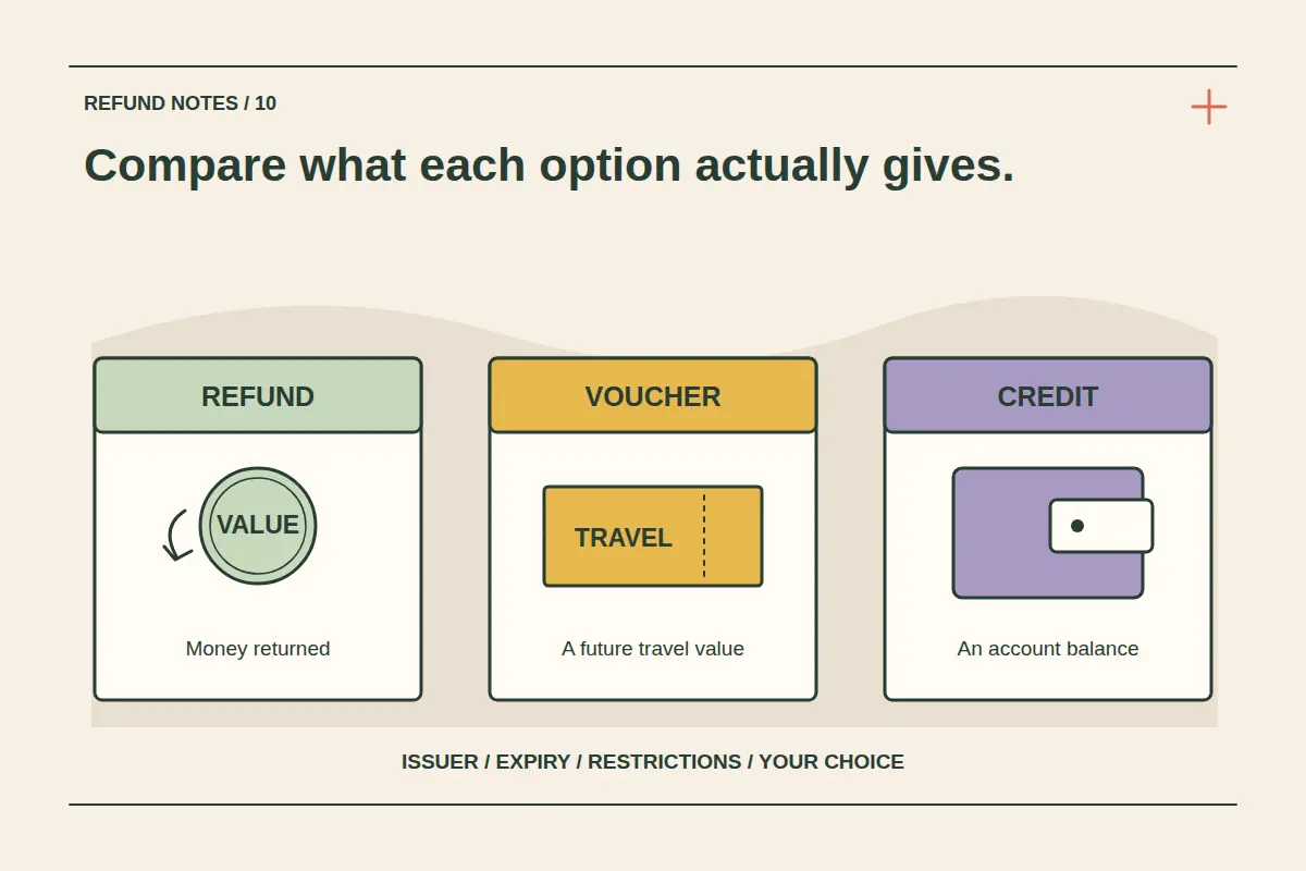 Three equal cards illustrate money returned, a future-travel voucher and an account balance, with a reminder to compare issuer, expiry and restrictions.
