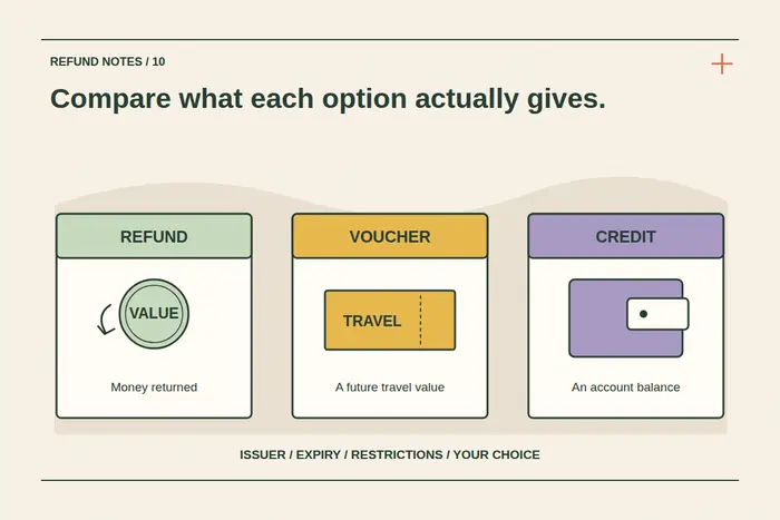 Three equal cards illustrate money returned, a future-travel voucher and an account balance, with a reminder to compare issuer, expiry and restrictions.