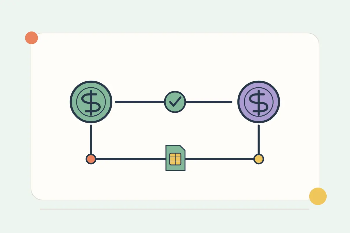 Two token coins joined by a checked blockchain route.