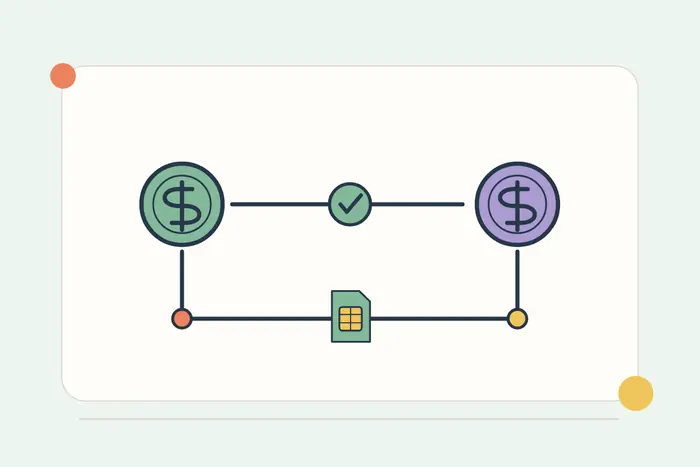 Two token coins joined by a checked blockchain route.