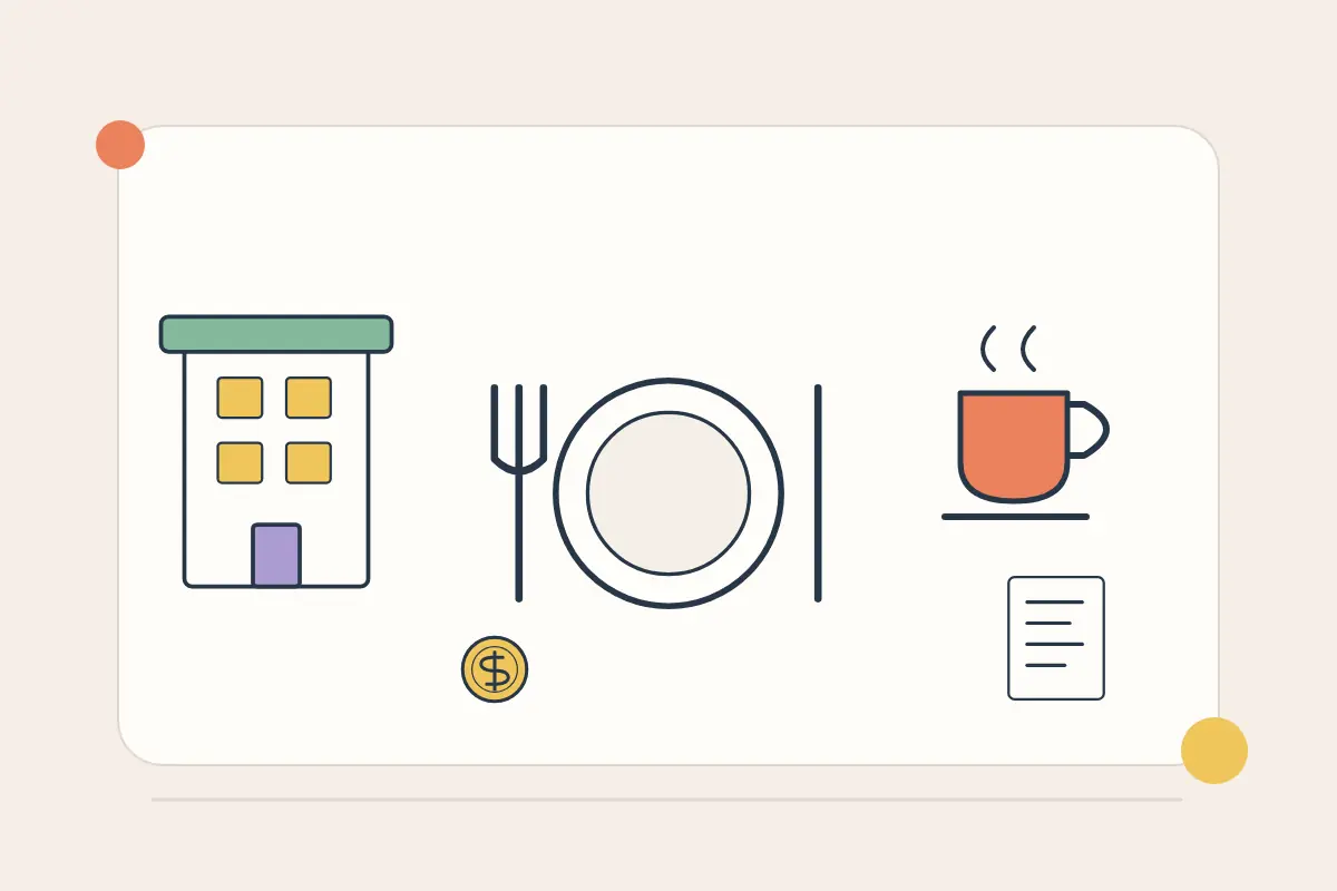 A hotel, breakfast plate, coffee and a price receipt.