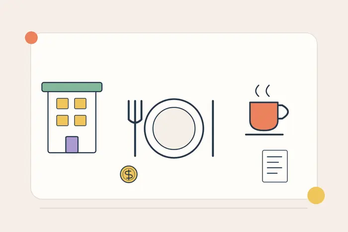 A hotel, breakfast plate, coffee and a price receipt.