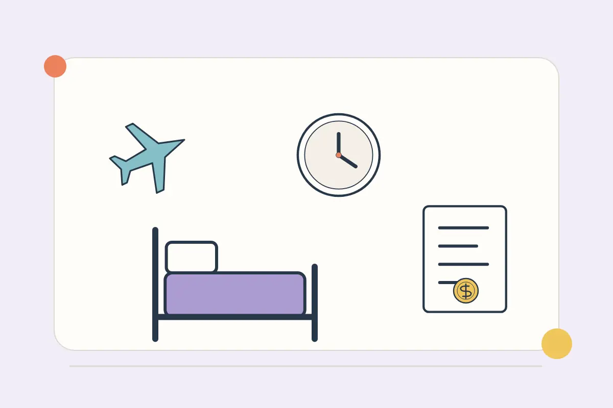 A delayed-flight clock, hotel bed and expense receipt.