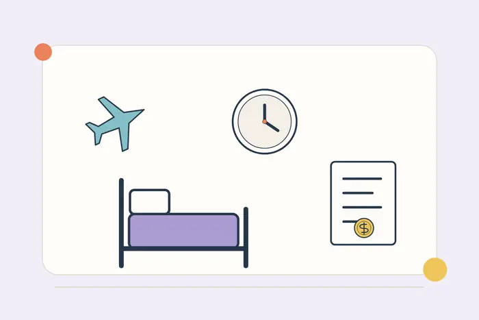 A delayed-flight clock, hotel bed and expense receipt.