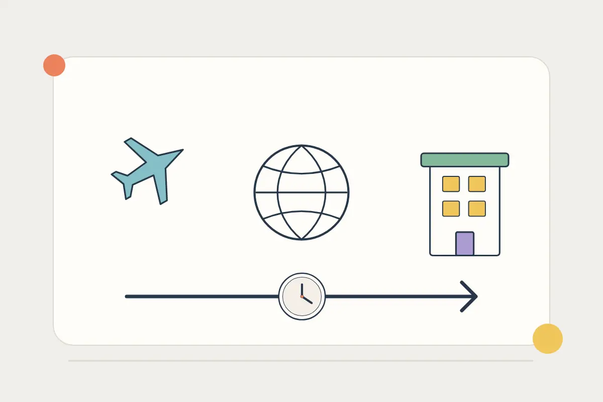 An aircraft, world map, hotel and return-time clock.
