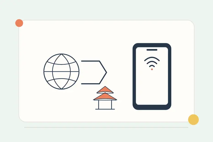 A travel phone, globe and simple gateway illustration.